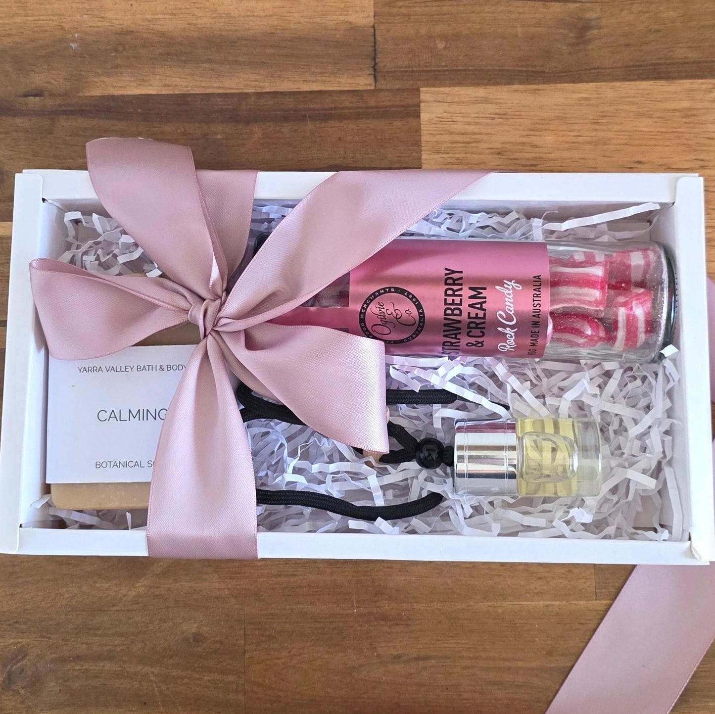 Gift box for her natural soap, car diffuser, Strawberry and creme rock candy