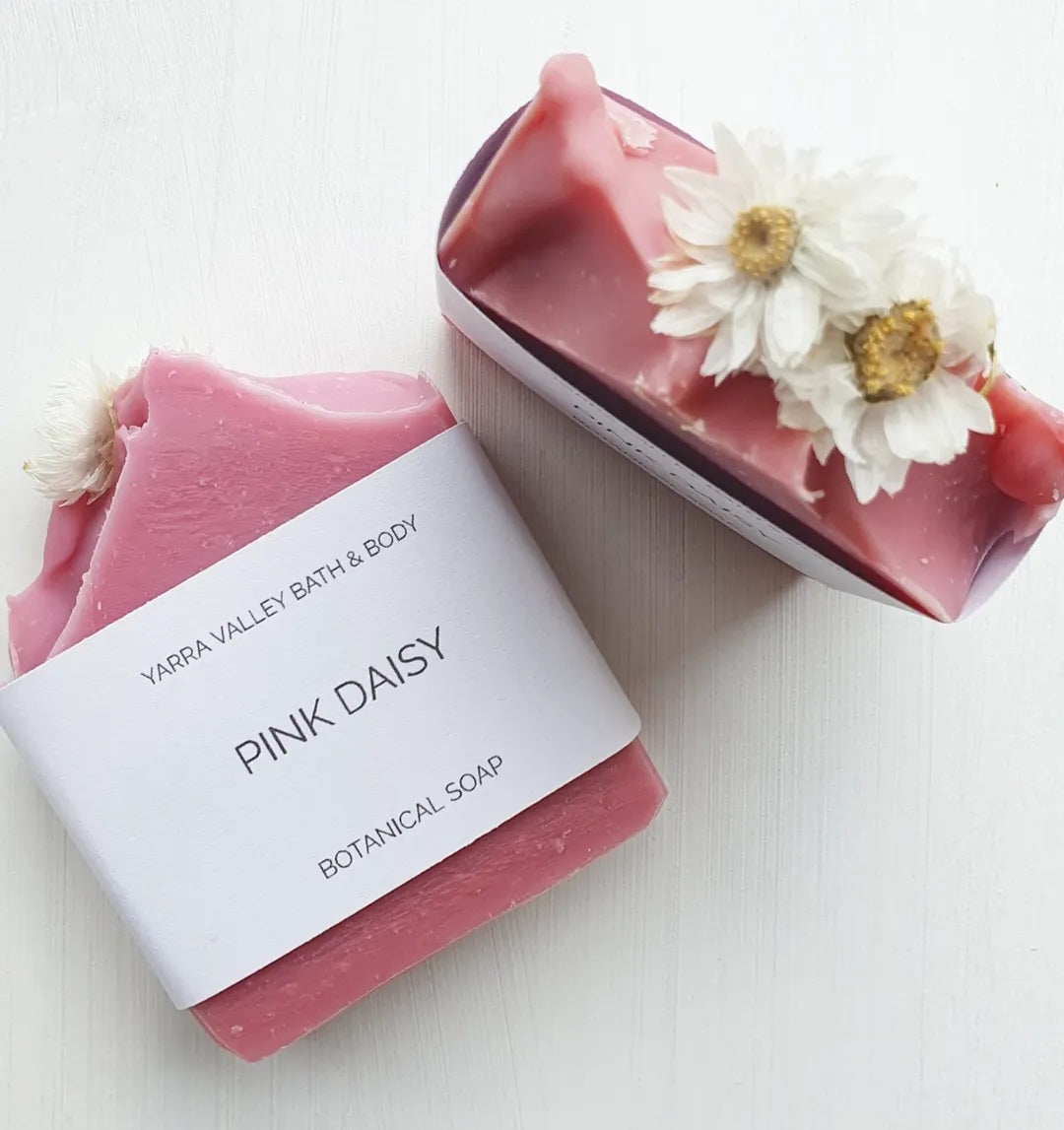 Natural Pink daisy botanical soap with daises. Yarra Valley bath and body